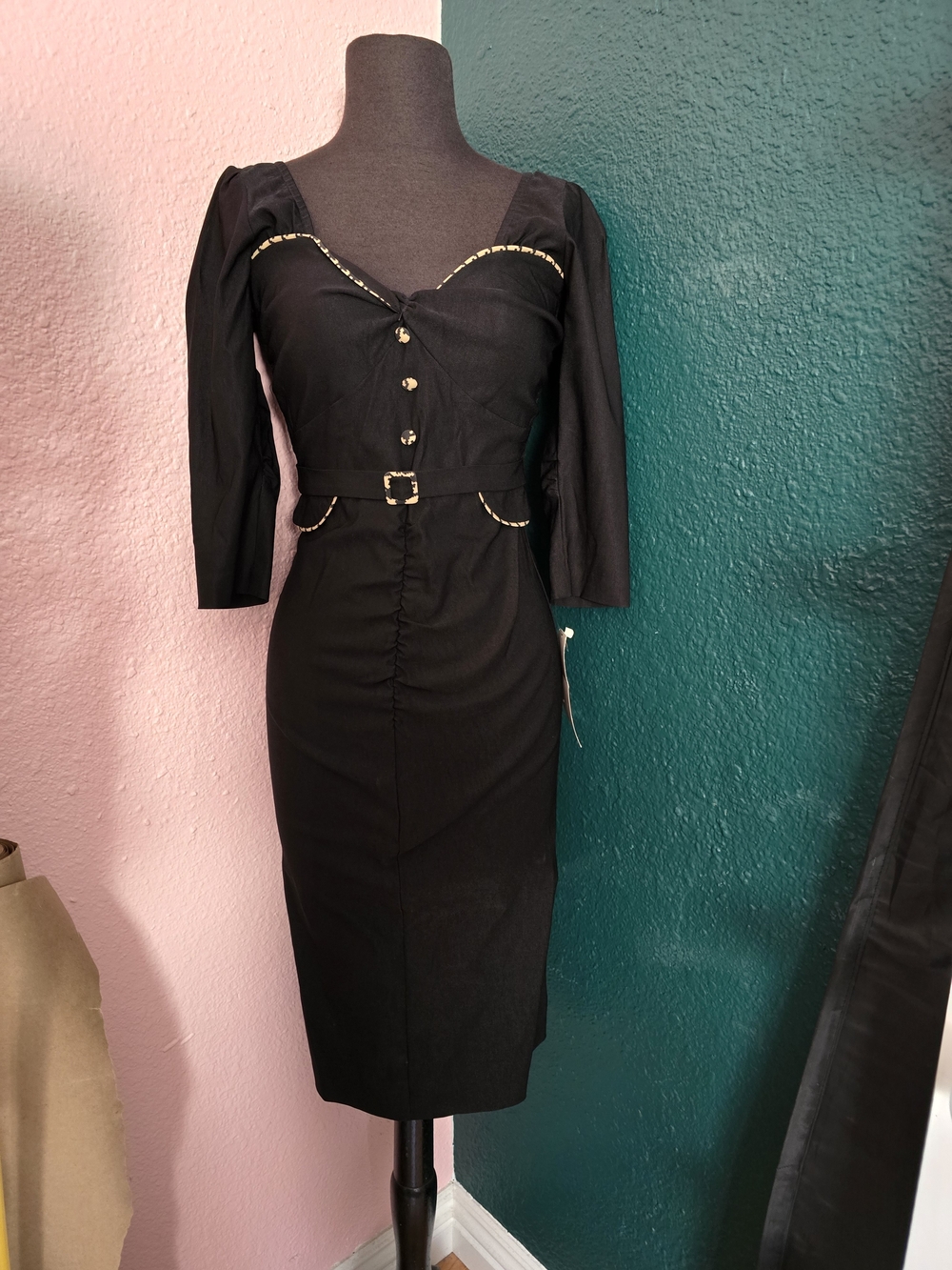 Stop Staring Black Pinup Dress with Tan  Trim